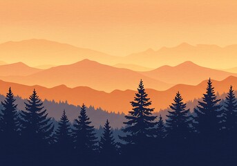 Watercolor Mountain Sunrise – Layered Warm Peaks with Navy Pine Silhouettes in Serene Textured Landscape