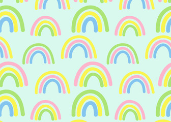 Obraz premium Pastel-colored rainbows on bright blue background – seamless and fun design for nursery decor, wrapping paper, or kids’ craft projects.