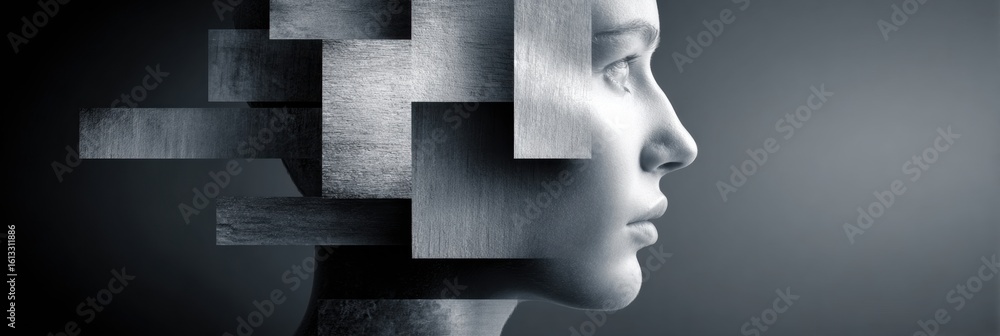 Aufkleber human head creatively divided into compartments symbolizing logic and ideas with an empty space abov
