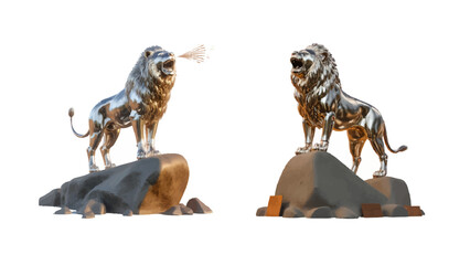 Fototapeta premium Stunning silver lion statues roaring atop rocky pedestals, symbolizing strength and power, perfect for corporate branding and motivational messaging