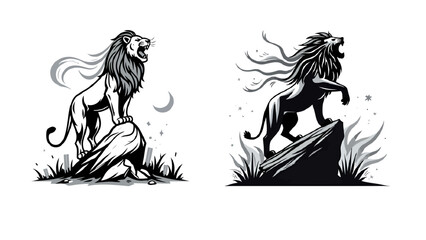 Roaring lion powerfully standing on rocks at night with a crescent moon, a symbol of strength and courage for your designs
