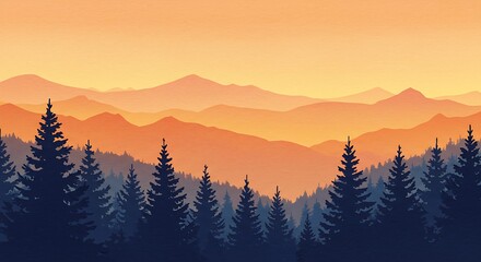 Watercolor Mountain Sunrise – Layered Warm Peaks with Navy Pine Silhouettes in Serene Textured Landscape