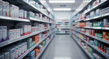 Rows of medicine boxes on shelves in a brightly lit modern pharmacy aisle, showcasing a wide selection of healthcare products for sale generative ai.