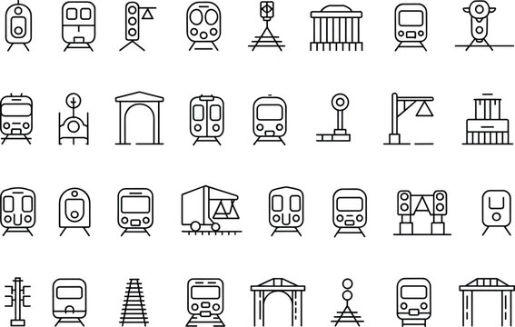 Train and railway line icons set, modern black outline transportation symbols, metro rail icons collection, transit design vector pack