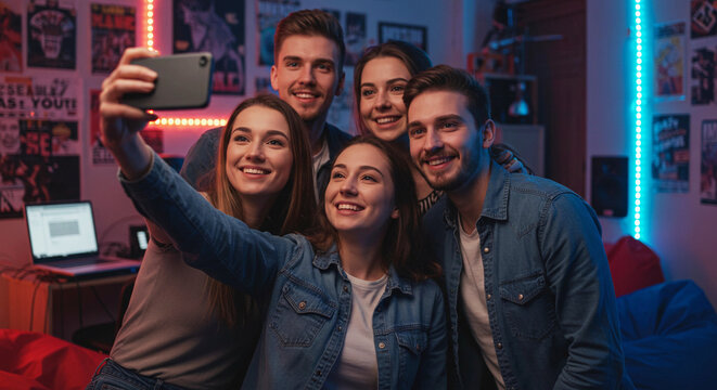 Joyful young friends capture a fun selfie moment together, creating lasting memories with smiles and laughter in a vibrant, neon lit room generative ai.