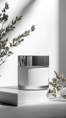 Minimalist Cream Jar Mockup with Silver Lid and Botanical Accents in Soft Light