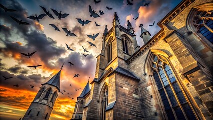 A flock of bats flies around a gothic cathedral under a dramatic, cloudy sunset sky