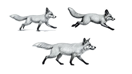 Three arctic foxes depicted in various poses on a white background, perfect for nature themed designs and educational content