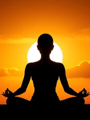 Woman young person in yoga pose meditation at sunset.