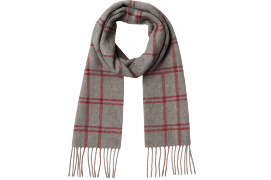 Soft beige winter scarf with red stripes, hanging with decorative fringes against clean background, providing cold-weather warmth and style