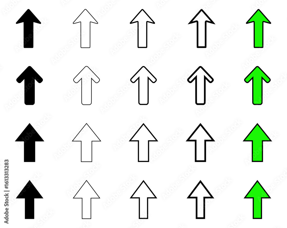 Poster various arrow icons in silhouette style, contour and two-colored for the interface of websites and a