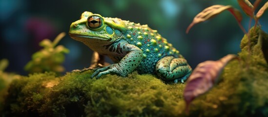 Fototapeta premium detailed macro shot of a vibrant green and blue tree frog sitting on a bed of moss, high definition, ultra-realistic, cinematic lighting, intricate texture, vivid colors, sharp focus, detailed foliage