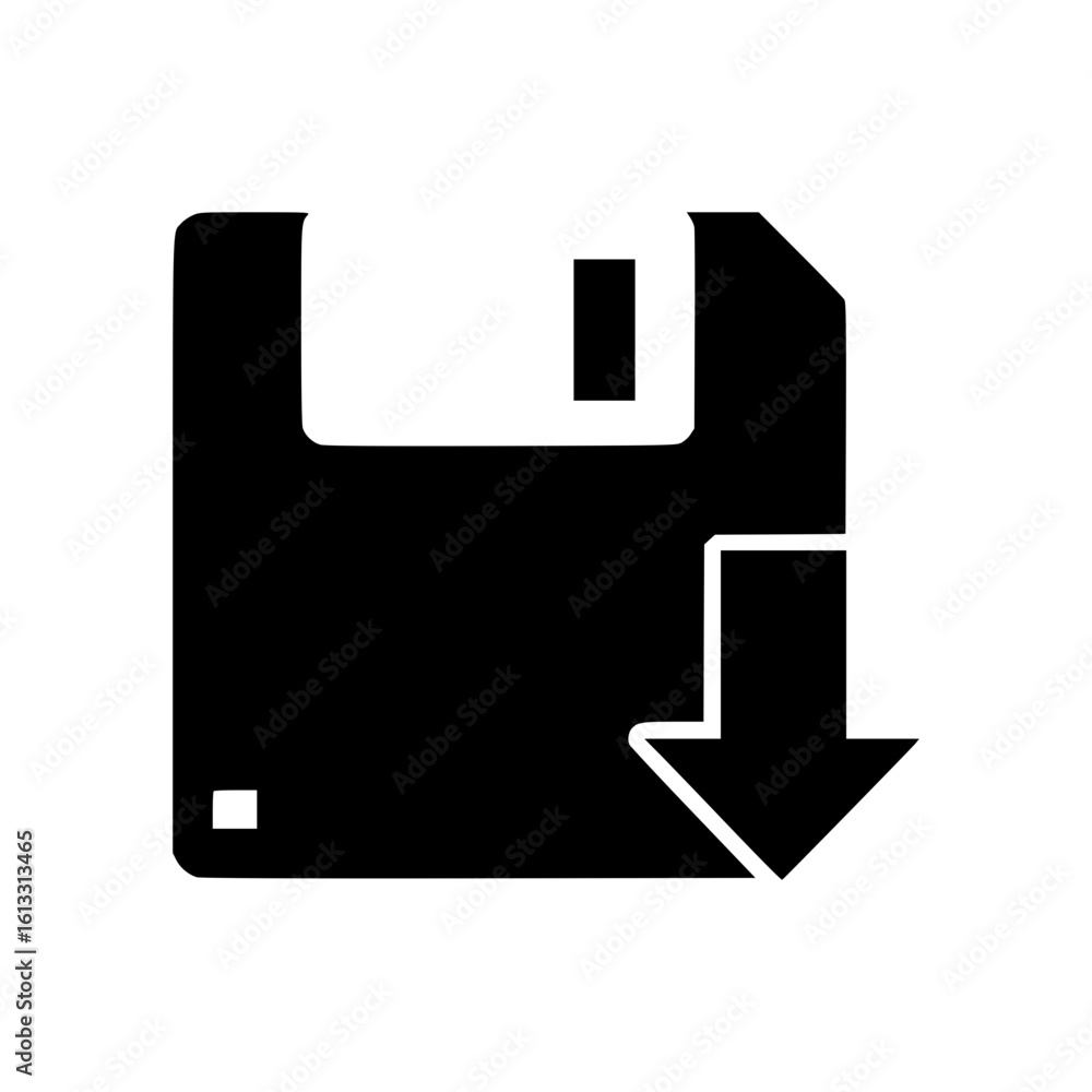 Poster icon of floppy disk with download arrow symbolizing data storage