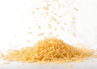 Obraz premium Shredded cheese crumbles falling isolated white background