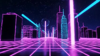 Neon synthwave cityscape with animated lights, grid ripples, and dynamic camera motion - Powered by Adobe