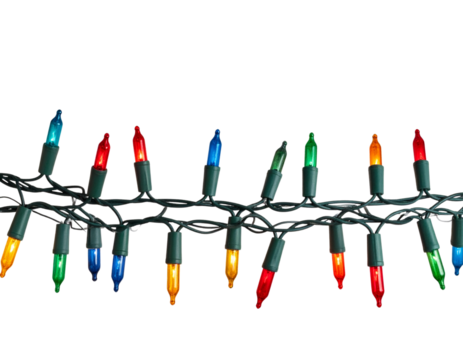 Twinkling Christmas String Lights Border with Colorful Bulbs, Top Edge Layout, Transparent PNG