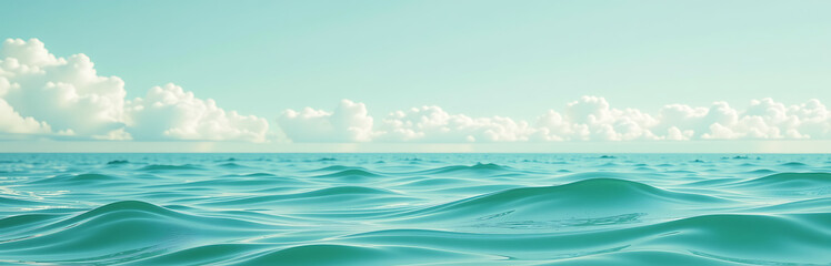 Obraz premium serene tranquil teal ocean set soft pastel blue sky puffy white clouds drifting lazily across horizon
