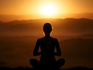 Woman young person in yoga pose meditation at sunset.