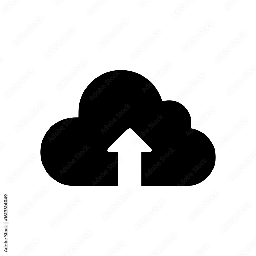 Poster black cloud silhouette icon with upward arrow symbolizing upload concept
