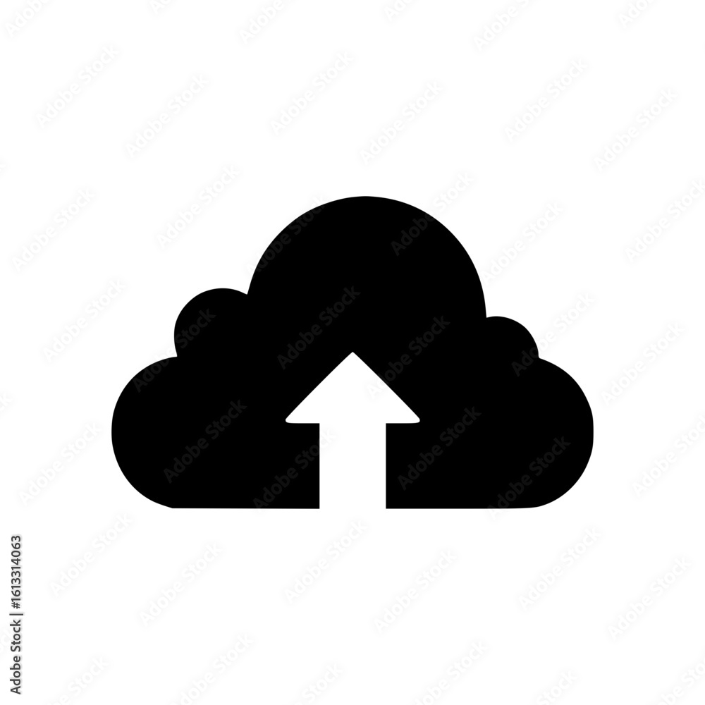 Poster cloud storage silhouette icon with upward arrow symbolizing data upload