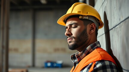 Fototapeta premium A tired man at a construction site inside a building leaned against a wall and closed his eyes to rest.