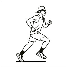 A line drawing of a man running, wearing a hat, sunglasses, tank top, shorts, and running shoes.
