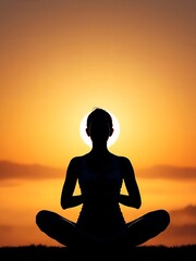 Woman young person in yoga pose meditation at sunset.