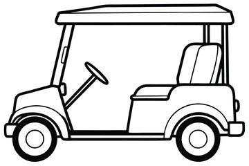 Simple black and white line drawing of a golf cart on a white background vehicle transportation