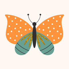 Butterfly with golden glitter texture. Vector illustration of insect in flat style. Elegant golden bug for decorative spring and summer projects. 
