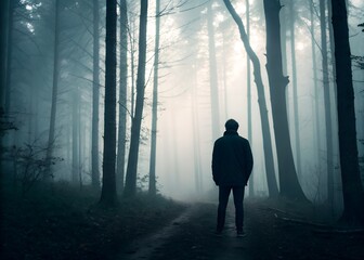 Mysterious man standing in dark foggy forest, back view, cinematic horror scene with grainy film effect