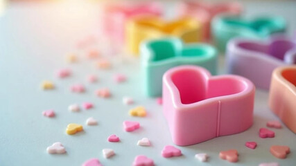 Colorful heart shaped silicone molds on white table. 