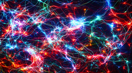 Colorful neural network, intricate glowing threads, vibrant colors, dark background.  Complex network of illuminated lines, various hues