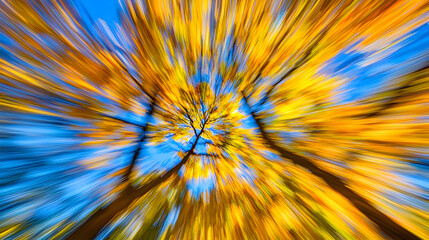 Autumn trees explode in vibrant colors against a vivid blue sky, a dynamic and colorful abstract view