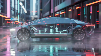 Futuristic electric car with transparent body revealing internal battery and wiring, set in neon lit urban environment, emphasizing advanced technology and innovation