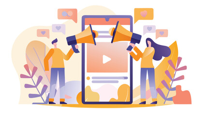 People with megaphones promoting a video on a mobile device with social media icons around them