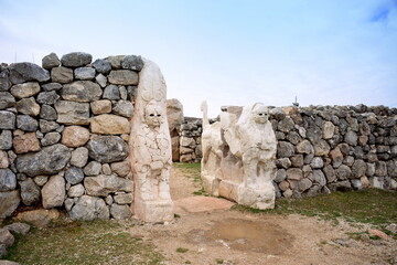 Turkiye,Hattusa,It was the capital of the Hittite Empire in the Late Bronze Age. The first traces of settlement on the site date back to the 6th millennium BC.In the photo,access to the city, sphinx, 