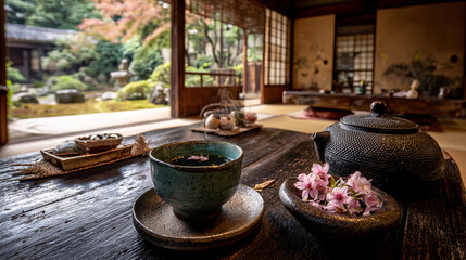 Peaceful Tea Ritual with Sakura Accents in a Zen Japanese Home