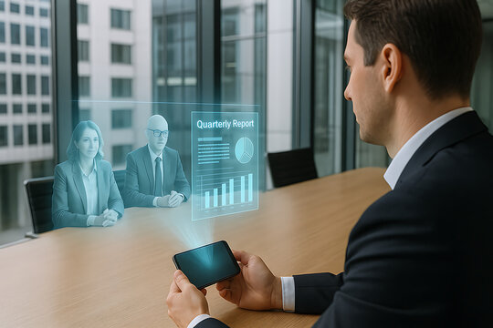 Businessman Conducting Virtual Meeting and Reviewing Quarterly Report with Holographic Smartphone