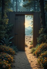 A serene open door revealing a vibrant sunset over a ldasert sand, surrounded by blooming flowers