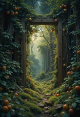 A serene open door revealing a vibrant sunset over a lush field, surrounded by blooming flowers