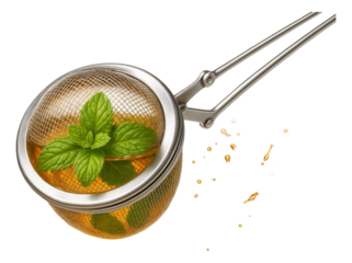 Stainless-steel tea infuser filled with honey mint tea, with mint leaves peeking through mesh.