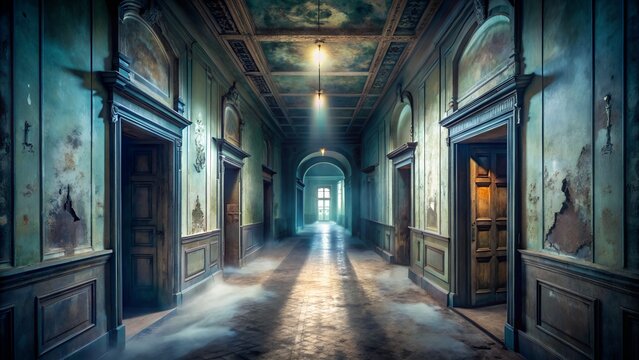 A long, dark, and eerie hallway of an old, abandoned building with peeling paint and mysterious shadows