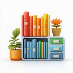 3d shelves in minimalistic cartoon style isolated on a white background, 3d cabinet for storing books and documents