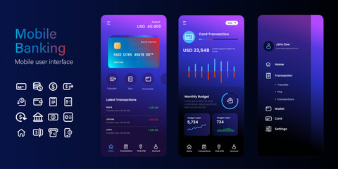 Mobile banking credit card wallet application transaction user interface mockup smartphone app digital bank dark mode ui layout