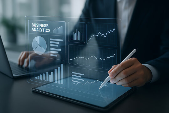 Business analytics dashboard on digital tablet with graphs and charts, data analysis and financial report concept for modern business