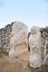 Turkiye,Hattusa,It was the capital of the Hittite Empire in the Late Bronze Age. The first traces of settlement on the site date back to the 6th millennium BC.In the photo,access to the city, sphinx, 
