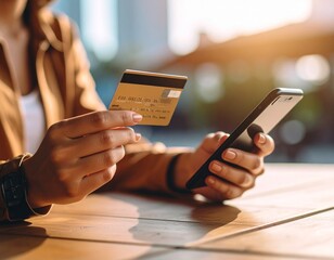 woman makes a purchase on the Internet on the smart phone with credit card, online payment, shopping online, e-commerce, internet banking, spending money