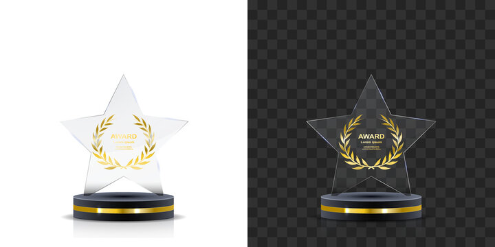 Set of transparent glass trophy awards. Includes crystal plaques and acrylic pedestal prizes for sport achievements, competitions, business events and victory celebrations. High-res PNG format.