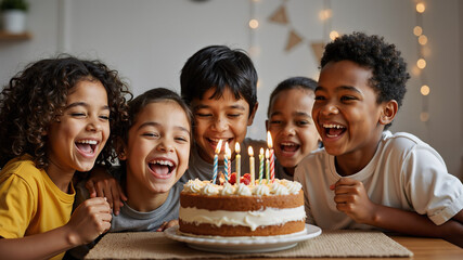 Joyful group of children celebrating birthday with cake and candles in festive indoor setting, experiencing happiness and friendship in a brightly lit room