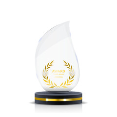 Crystal glass trophy with golden lettering on square stand. Realistic premium award for...